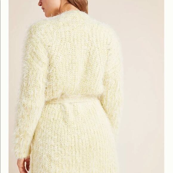 Anthropologie Yellow metallic, fuzzy, belted cardigan sweater small - Picture 3 of 8